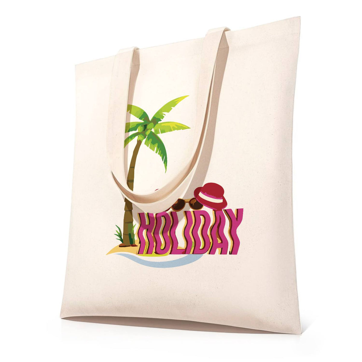 Palm Tree Getaway with Sunhat paint by numbers tote bag – Palm tree on a sandy islet with a pink sunhat, sunglasses and bold pink Holiday lettering