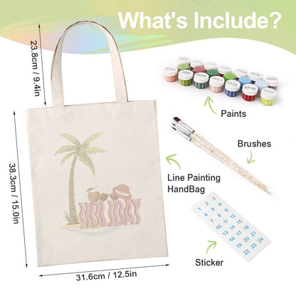 Palm Tree Getaway with Sunhat paint by numbers tote bag – what's in the kit: the canvas tote, numbered paints, brushes and stickers