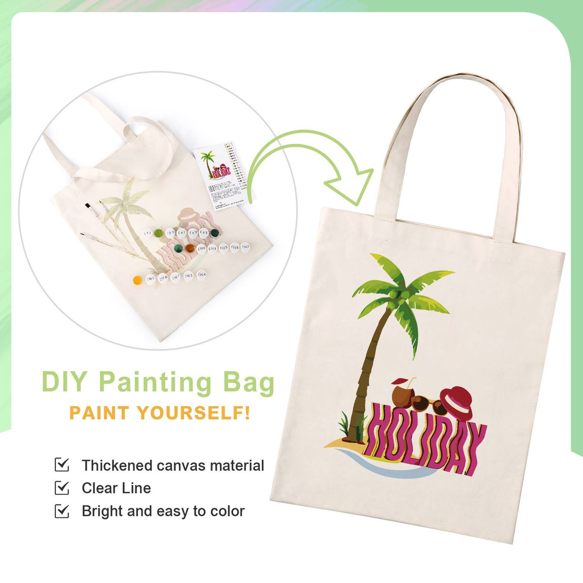 Palm Tree Getaway with Sunhat paint by numbers tote bag – image 4