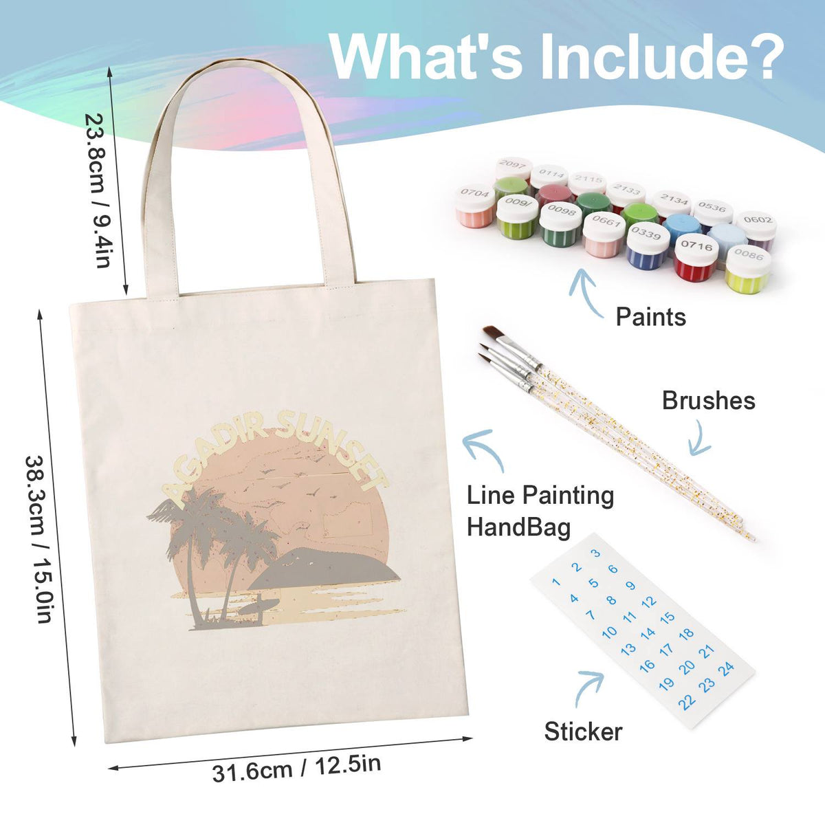 Blazing Sun Over the Palms paint by numbers tote bag – what's in the kit: the canvas tote, numbered paints, brushes and stickers