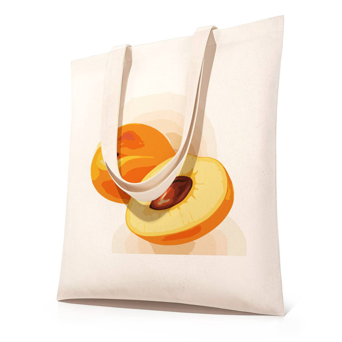 Halved Peaches with Stone paint by numbers tote bag – Whole and halved peaches showing the stone on a soft watercolour wash