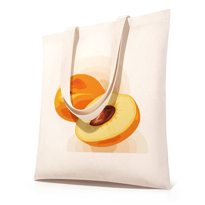 Halved Peaches with Stone paint by numbers tote bag – Whole and halved peaches showing the stone on a soft watercolour wash