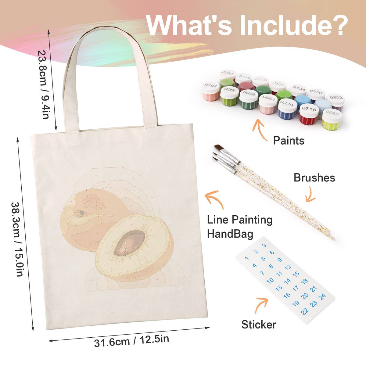 Halved Peaches with Stone paint by numbers tote bag – what's in the kit: the canvas tote, numbered paints, brushes and stickers