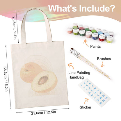 Halved Peaches with Stone paint by numbers tote bag – what's in the kit: the canvas tote, numbered paints, brushes and stickers