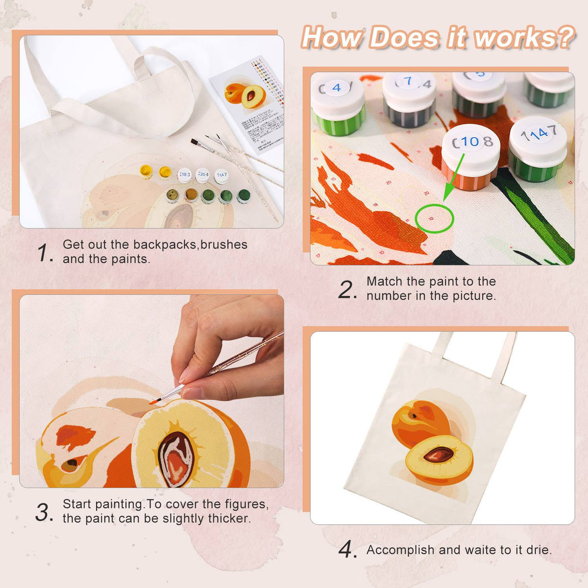Halved Peaches with Stone paint by numbers tote bag – image 11
