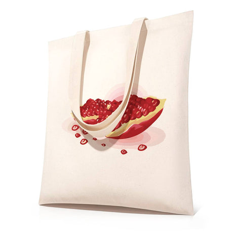 Split Pomegranate and Seeds paint by numbers tote bag – Pomegranate broken open with red seeds scattered beneath