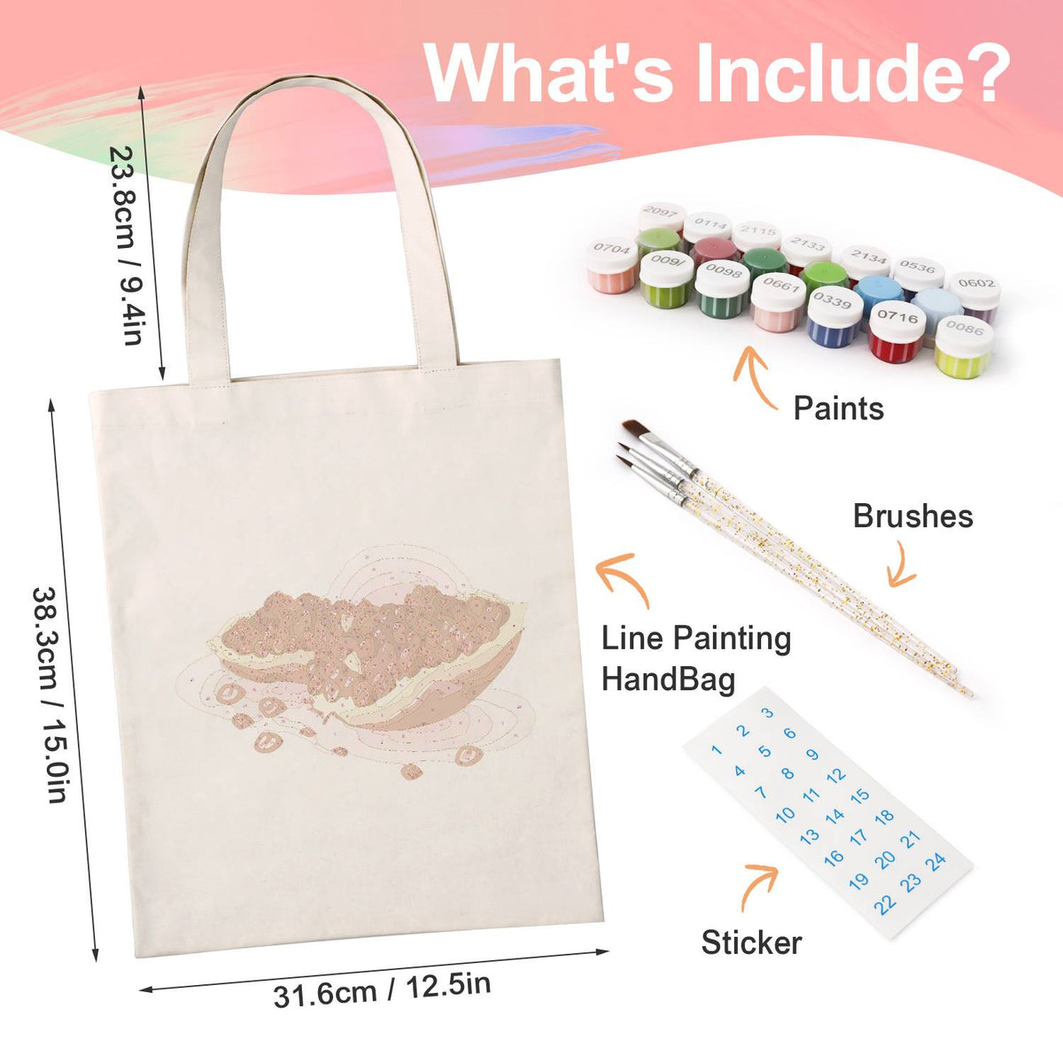 Split Pomegranate and Seeds paint by numbers tote bag – what's in the kit: the canvas tote, numbered paints, brushes and stickers
