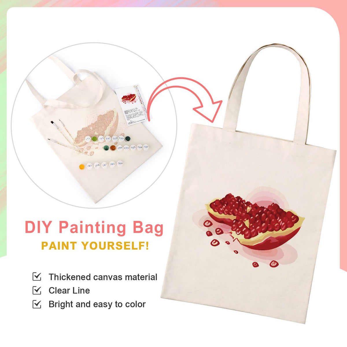 Split Pomegranate and Seeds paint by numbers tote bag – image 4