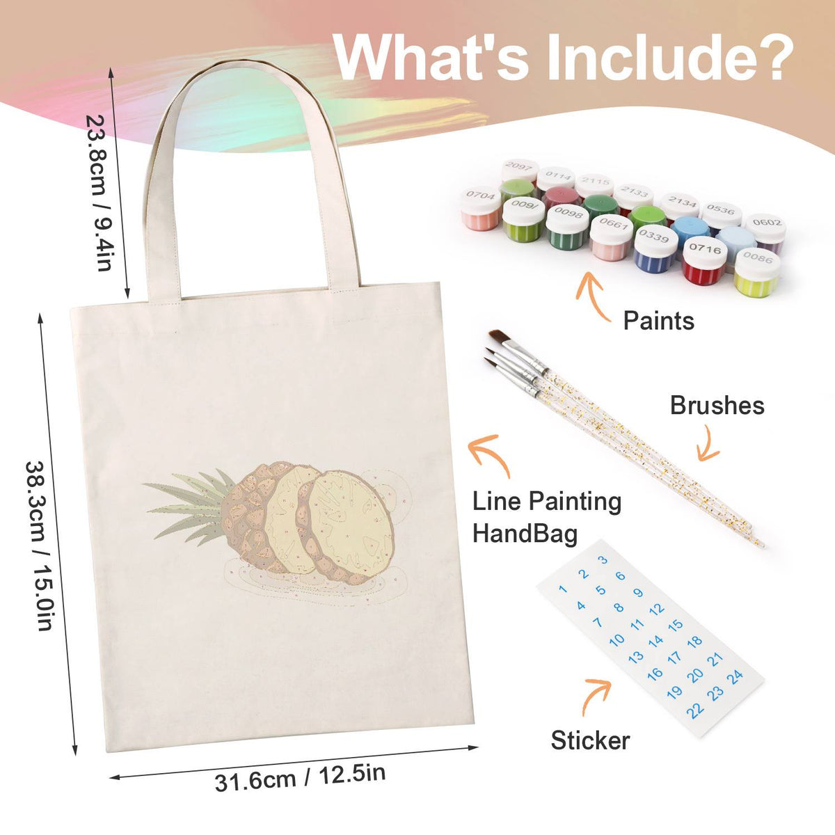Sliced Pineapple with Crown paint by numbers tote bag – what's in the kit: the canvas tote, numbered paints, brushes and stickers