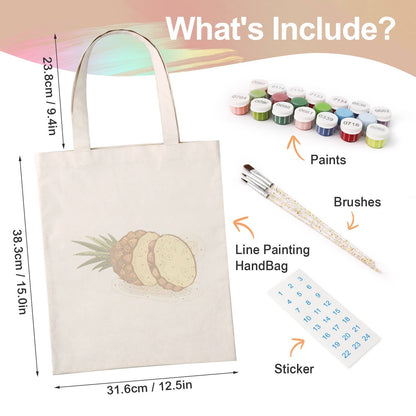 Sliced Pineapple with Crown paint by numbers tote bag – what's in the kit: the canvas tote, numbered paints, brushes and stickers