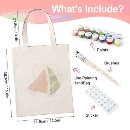 Summer Watermelon Triangles paint by numbers tote bag – what's in the kit: the canvas tote, numbered paints, brushes and stickers