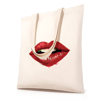 Parted Lips in Cherry Red paint by numbers tote bag – Glossy red lips slightly parted showing a glimpse of teeth