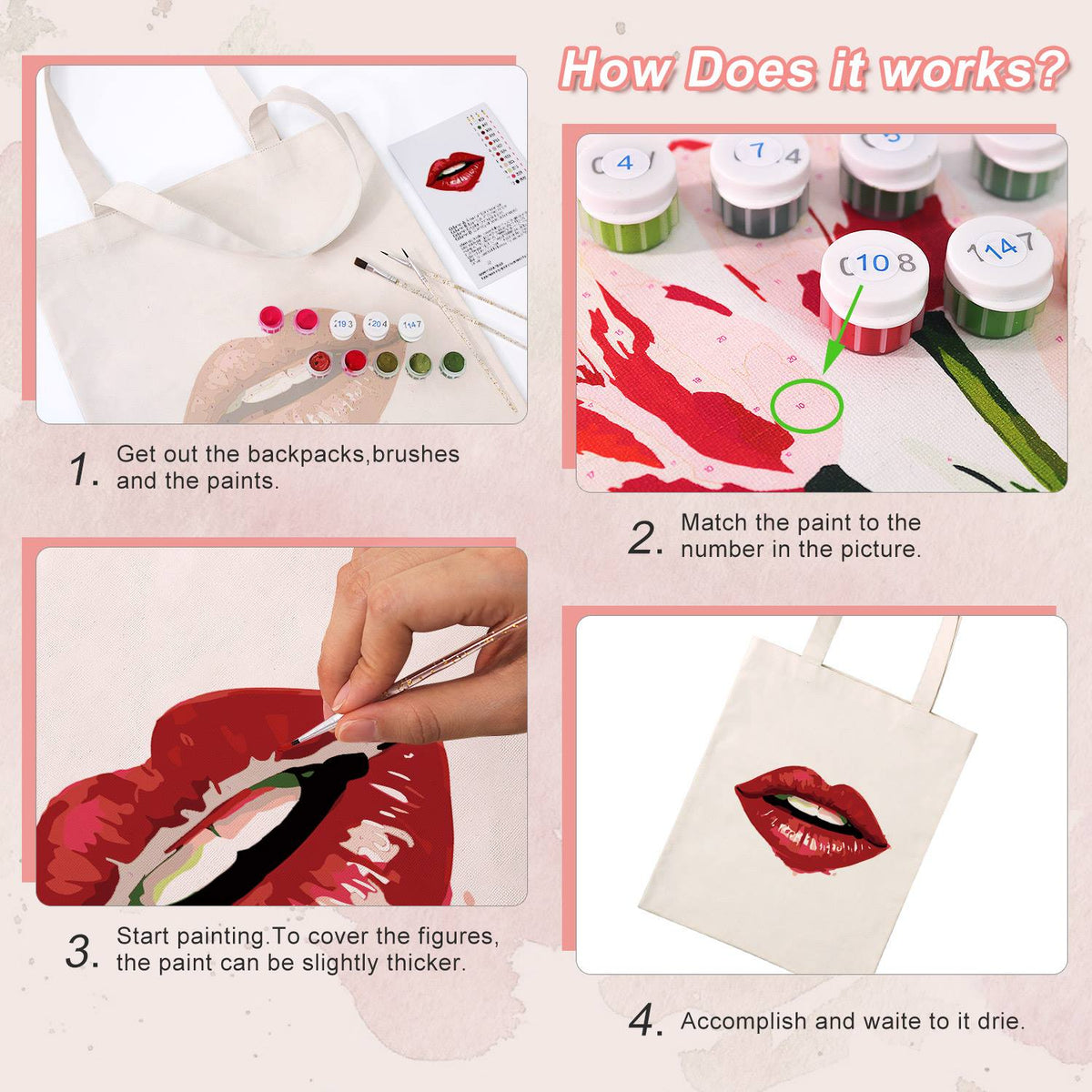 Parted Lips in Cherry Red paint by numbers tote bag – image 11