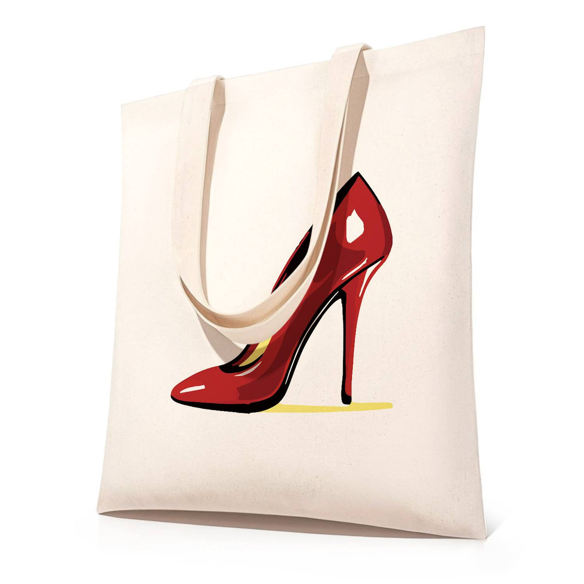 Patent Red Stiletto paint by numbers tote bag – Glossy red high-heeled stiletto pump in side view