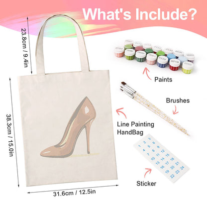 Patent Red Stiletto paint by numbers tote bag – what's in the kit: the canvas tote, numbered paints, brushes and stickers