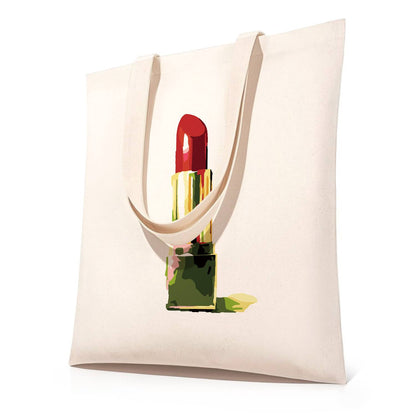 Scarlet Lipstick in Gold Case paint by numbers tote bag – Red lipstick twisted up from a gold and green case