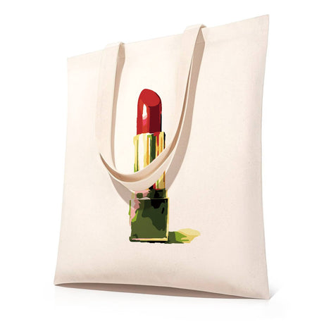 Scarlet Lipstick in Gold Case paint by numbers tote bag – Red lipstick twisted up from a gold and green case