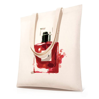 Square Ruby Perfume Bottle paint by numbers tote bag – Square red perfume bottle with a black and silver cap amid red watercolour splashes