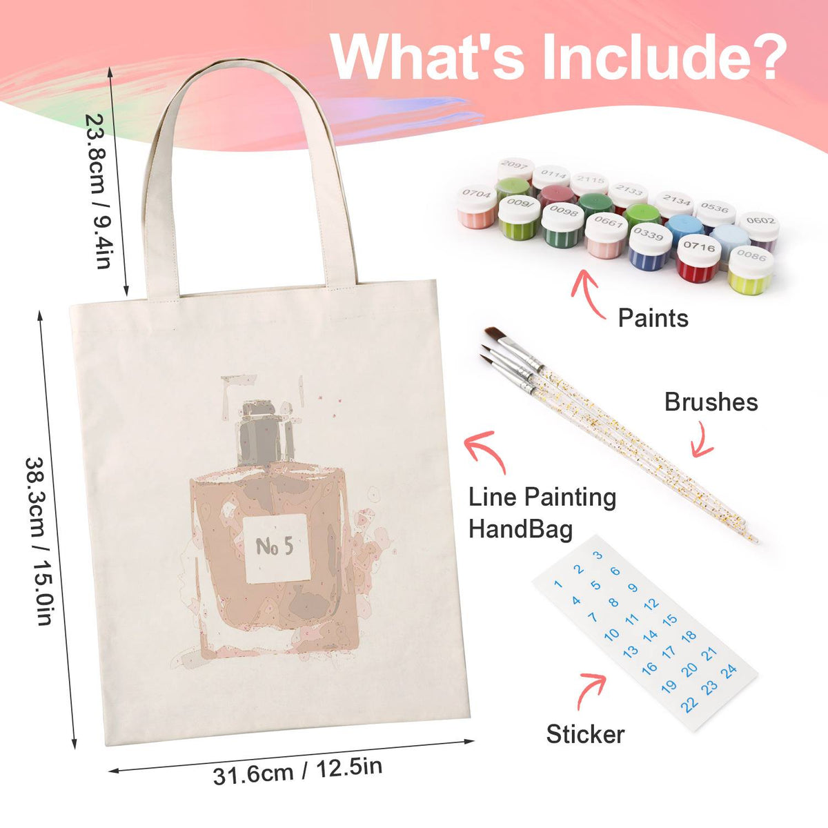 Square Ruby Perfume Bottle paint by numbers tote bag – what's in the kit: the canvas tote, numbered paints, brushes and stickers