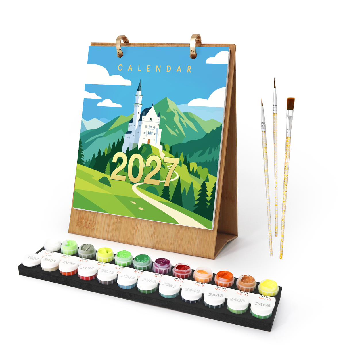 Fairytale Castle Landmark Tour 2027 calendar – Twelve sunny landmark scenes: hilltop castle, windmills, Eiffel Tower, Statue of Liberty, Acropolis, Big Ben and more