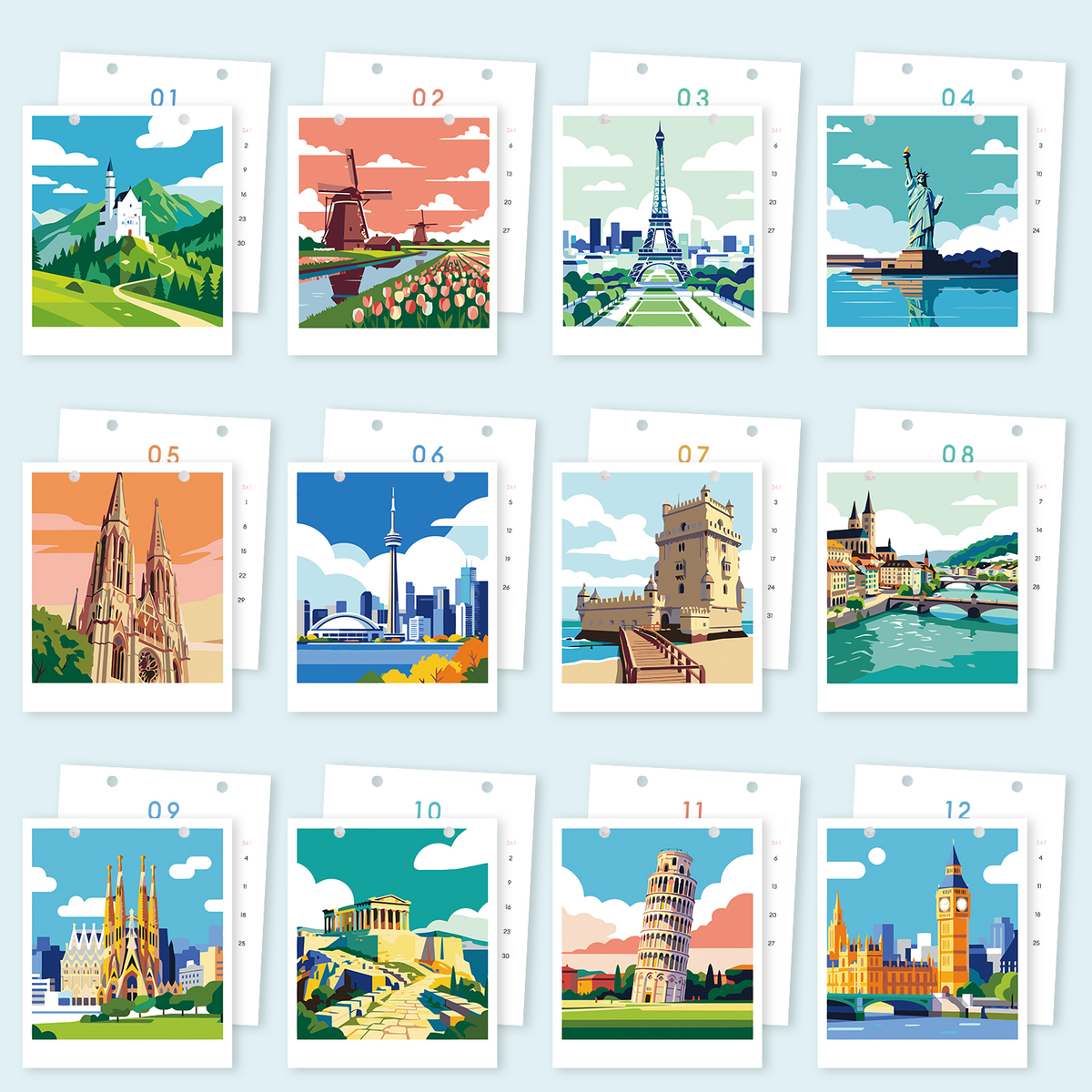 Fairytale Castle Landmark Tour 2027 calendar – what's in the kit: the 12 monthly designs to paint