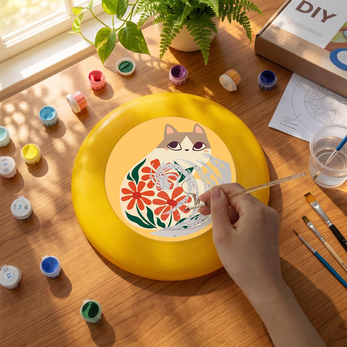 Cat and Red Flowers (Paint by Numbers Flying Disc)