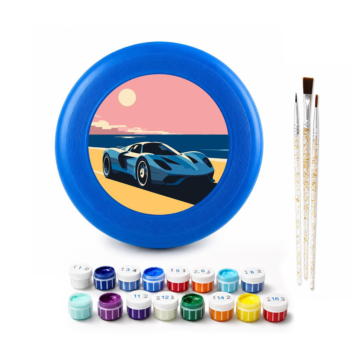Blue Sports Car at Sunset (Paint by Numbers Flying Disc)