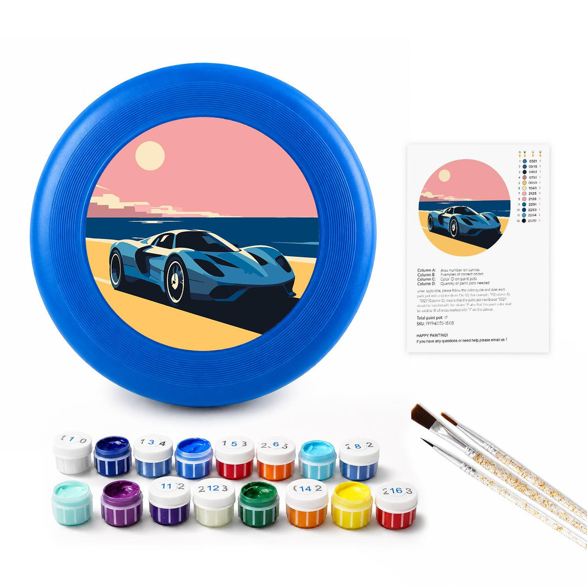 Blue Sports Car at Sunset (Paint by Numbers Flying Disc)