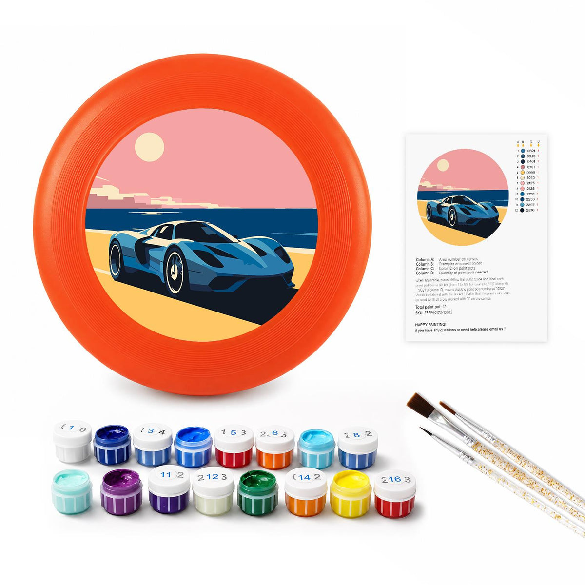 Blue Sports Car at Sunset (Paint by Numbers Flying Disc)