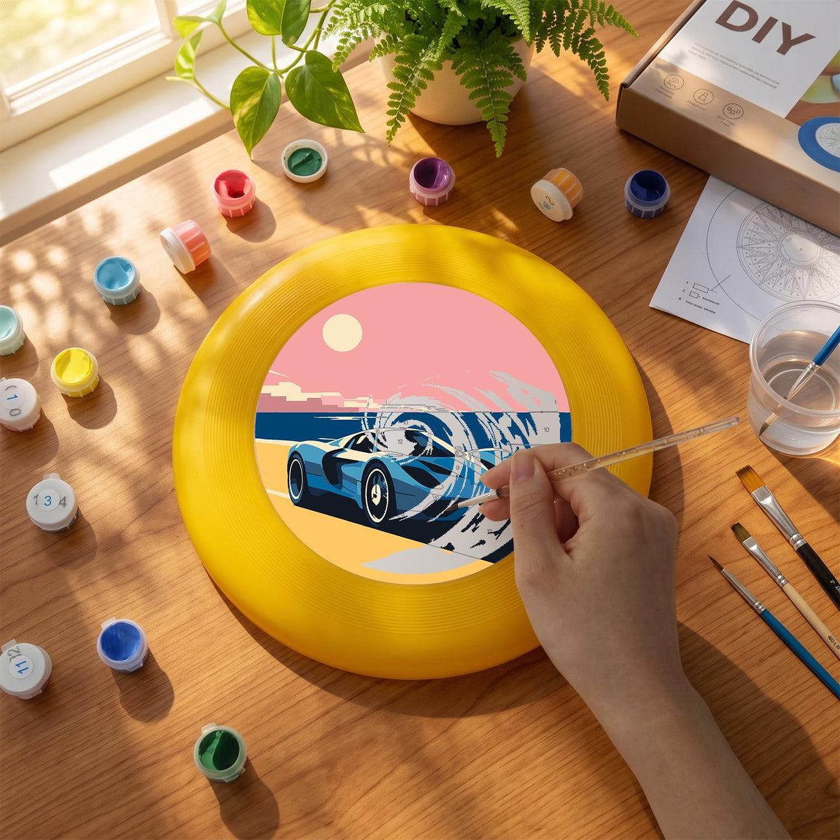 Blue Sports Car at Sunset (Paint by Numbers Flying Disc)