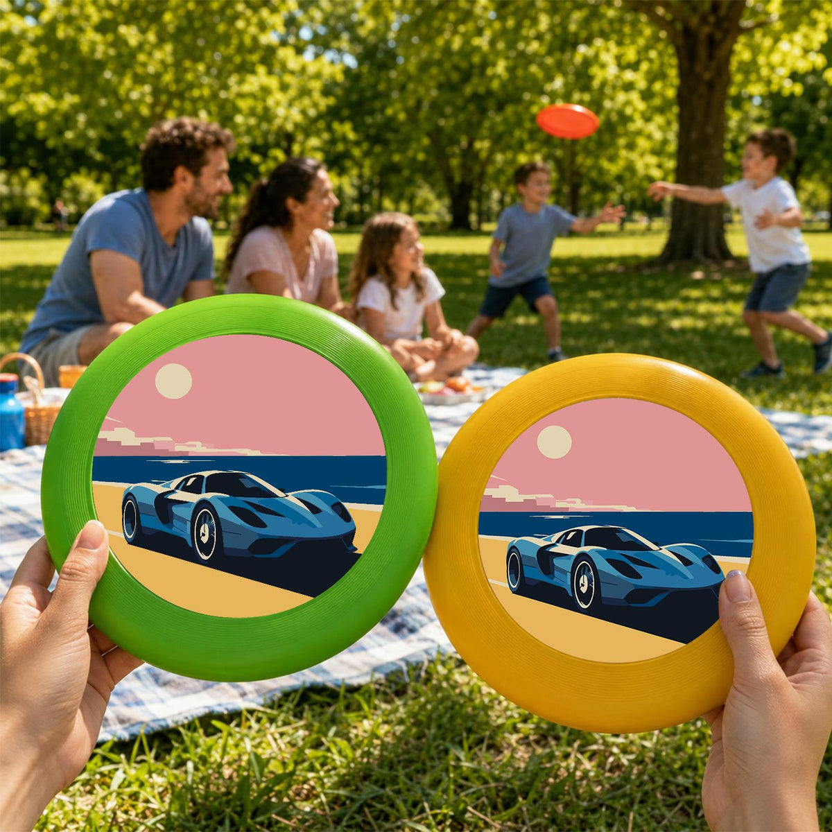 Blue Sports Car at Sunset (Paint by Numbers Flying Disc)