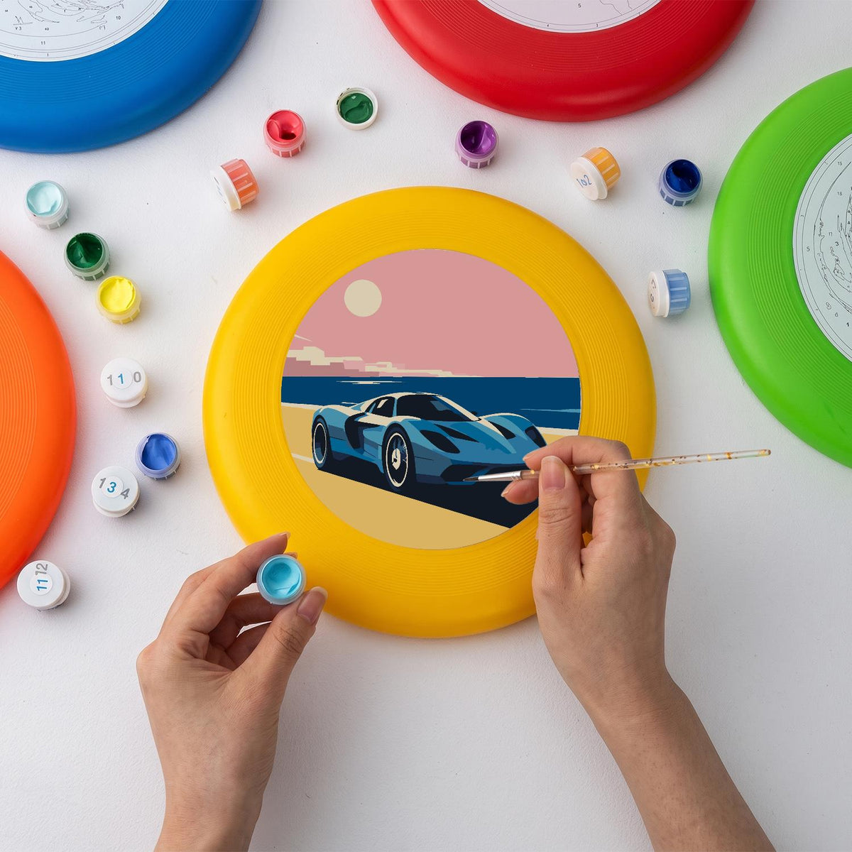 Blue Sports Car at Sunset (Paint by Numbers Flying Disc)