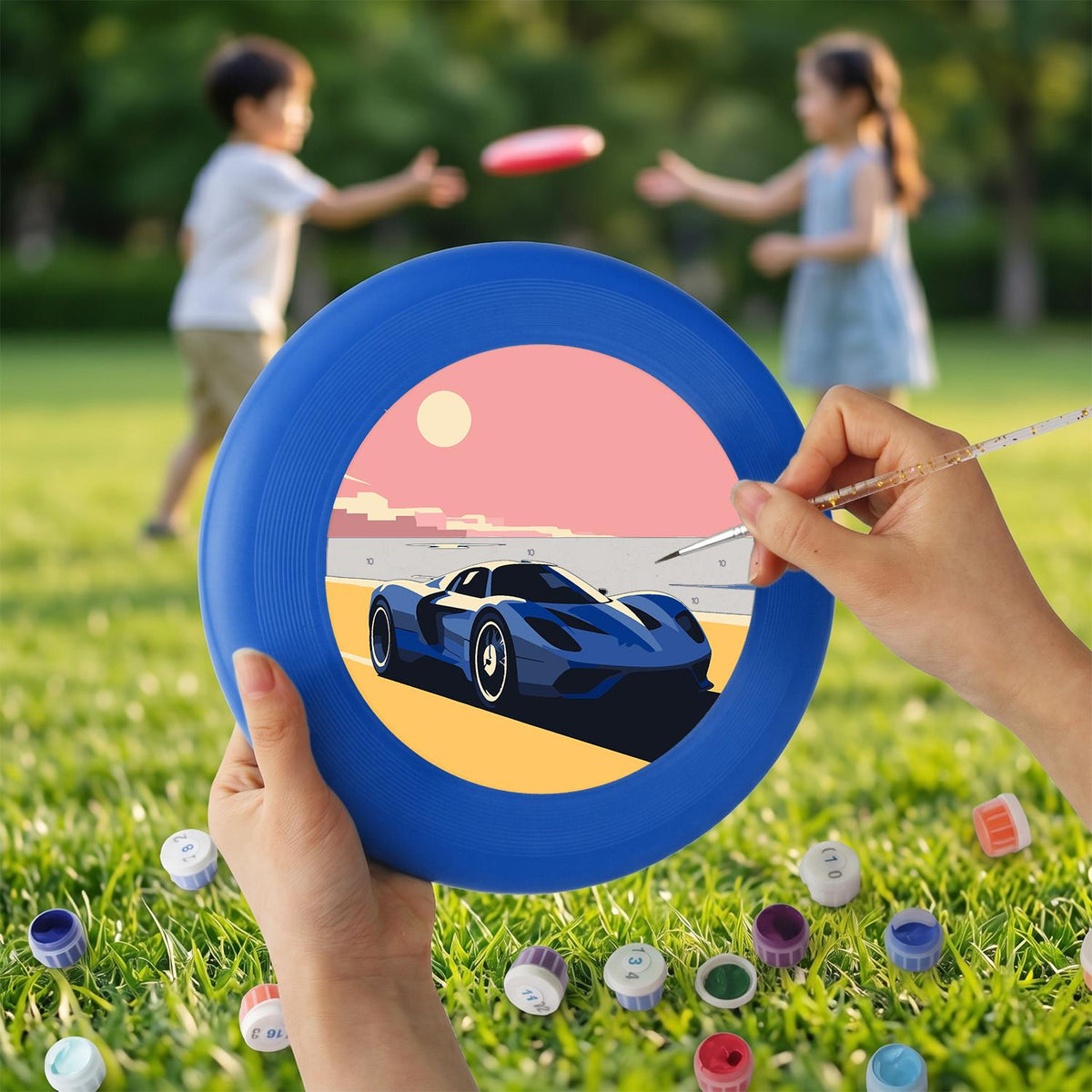 Blue Sports Car at Sunset (Paint by Numbers Flying Disc)