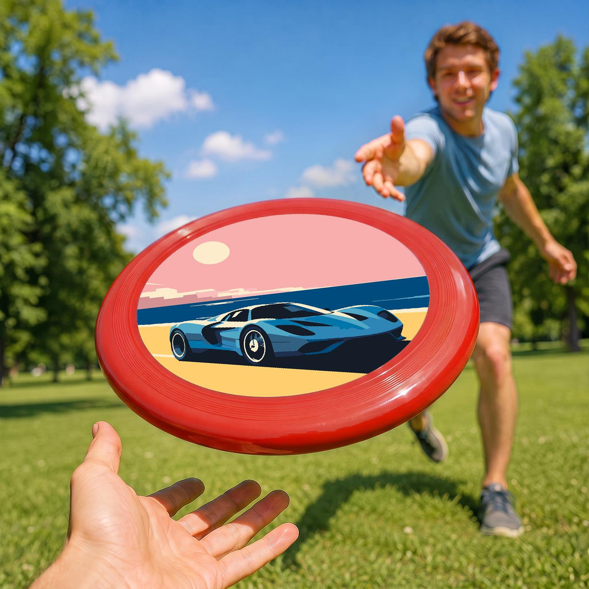 Blue Sports Car at Sunset (Paint by Numbers Flying Disc)