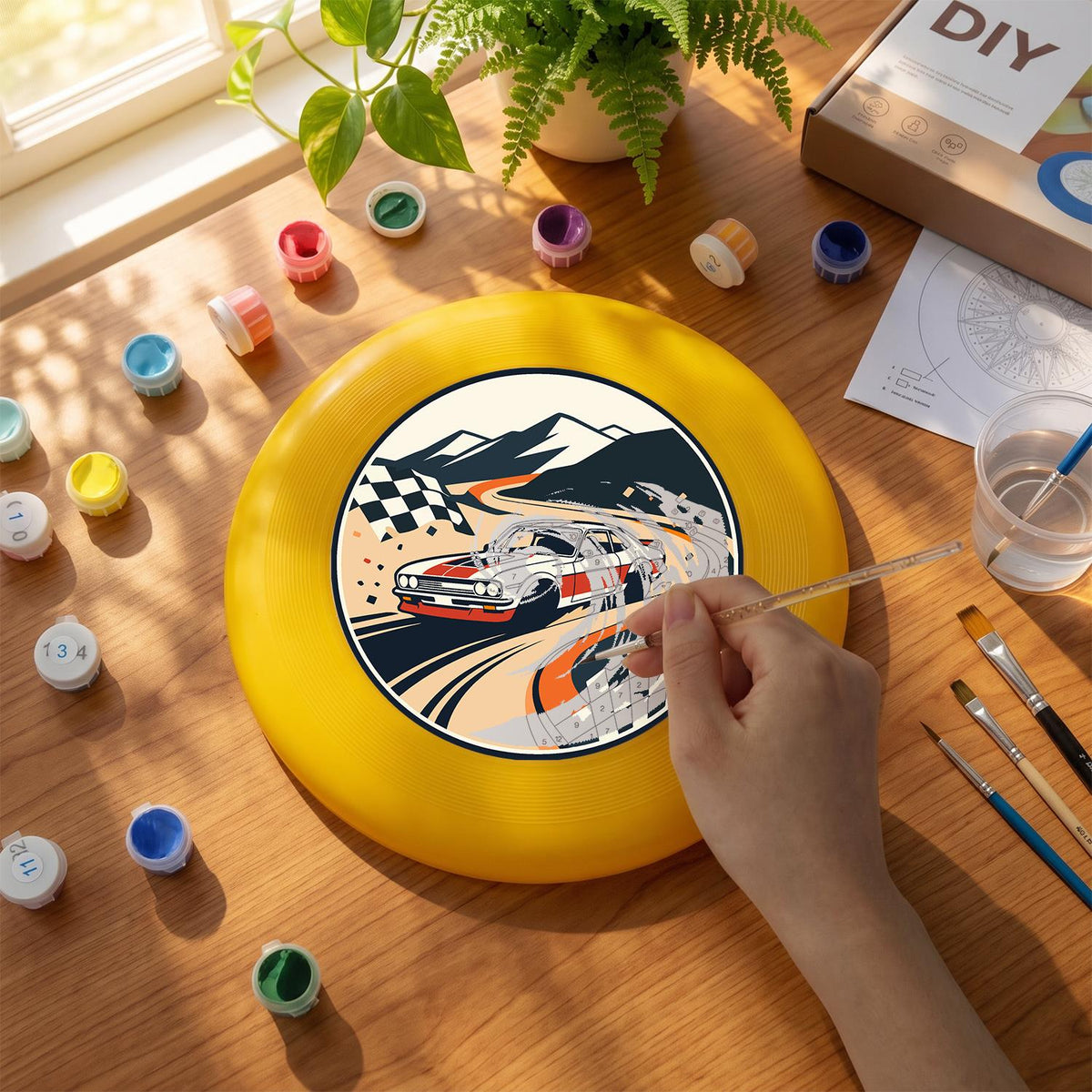 Racing Car and Checkered Flags (Paint by Numbers Flying Disc)