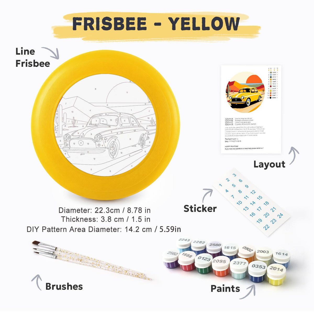 Yellow Sports Car (Paint by Numbers Flying Disc)