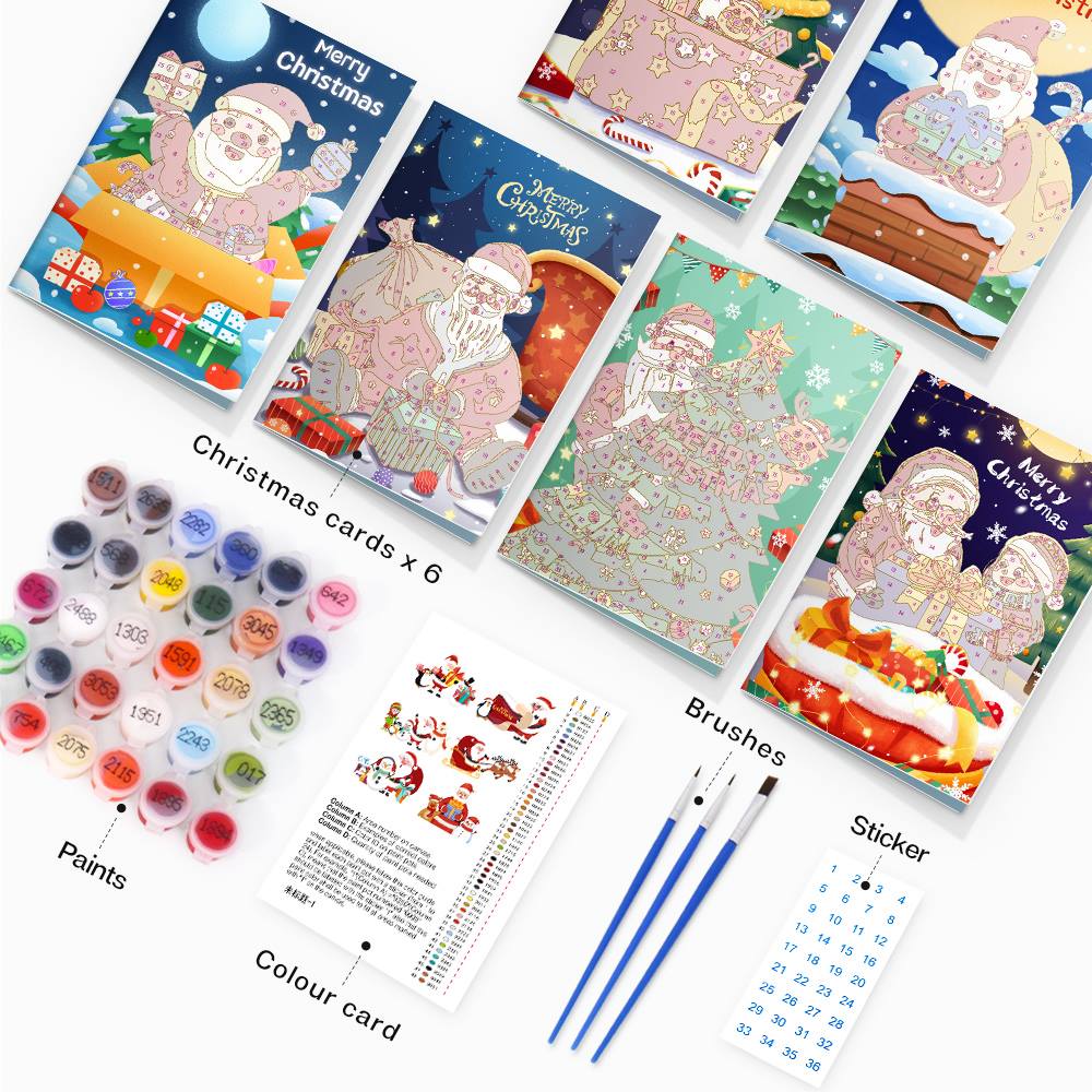 Midnight Blue Santa and Helpers paint by numbers Christmas cards – what's in the kit: 6 cards, numbered paints, brushes and color card
