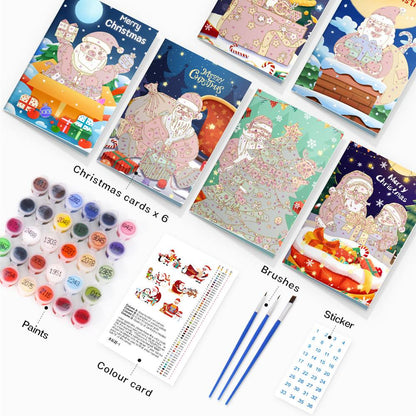 Midnight Blue Santa and Helpers paint by numbers Christmas cards – what's in the kit: 6 cards, numbered paints, brushes and color card