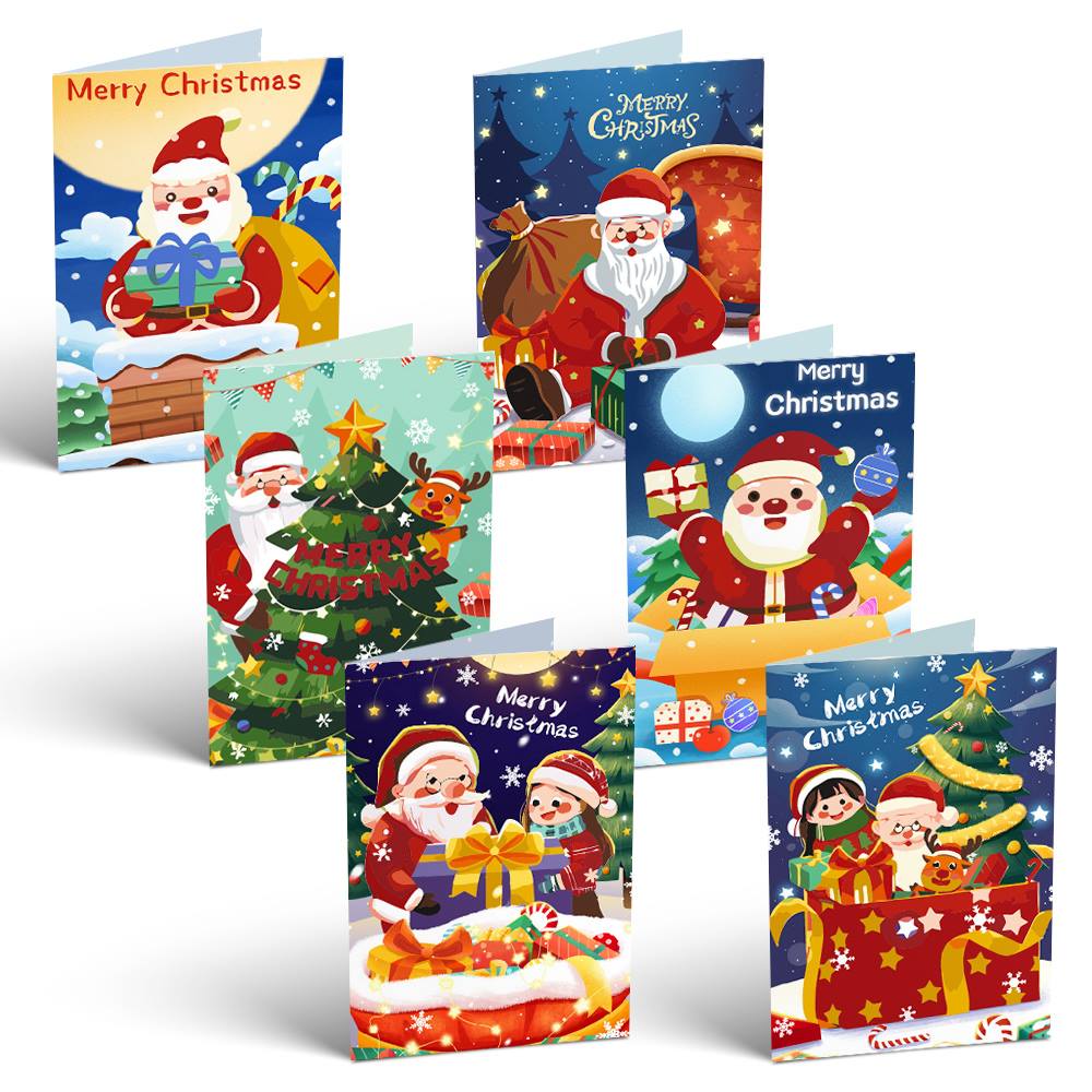 Midnight Blue Santa and Helpers paint by numbers Christmas cards – Upright cards: Santa under big moons on night-blue skies, trimming a tree, and with elf kids in a gift box