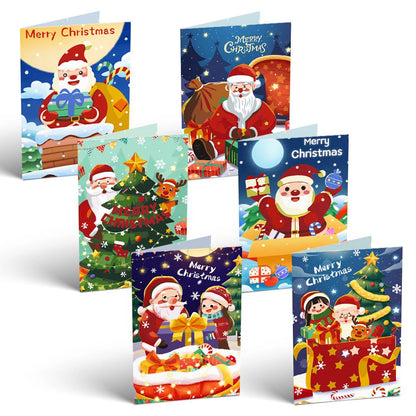 Midnight Blue Santa and Helpers paint by numbers Christmas cards – Upright cards: Santa under big moons on night-blue skies, trimming a tree, and with elf kids in a gift box
