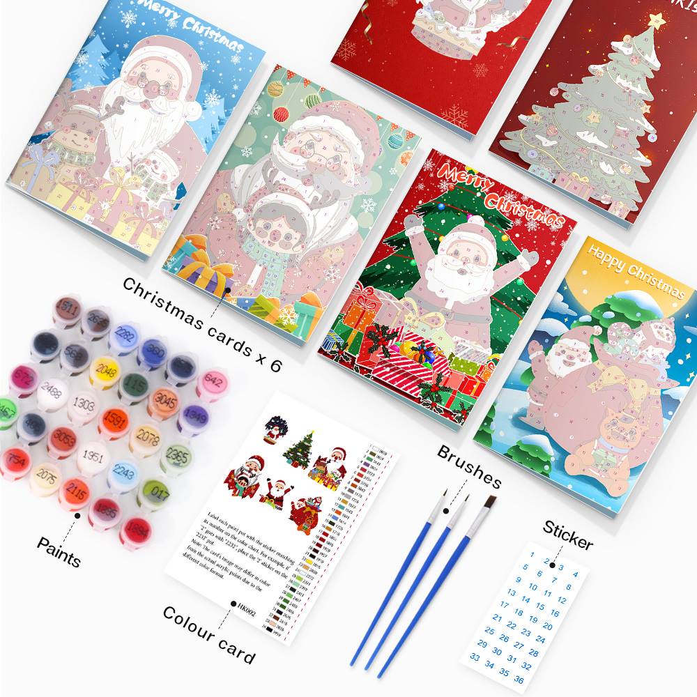 Scarlet Santa Close-Ups paint by numbers Christmas cards – what's in the kit: 6 cards, numbered paints, brushes and color card
