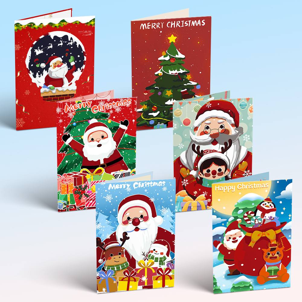 Scarlet Santa Close-Ups paint by numbers Christmas cards – Upright red cards: Santa in a chimney under the moon, a tree, big bearded Santa close-ups and Santa with reindeer