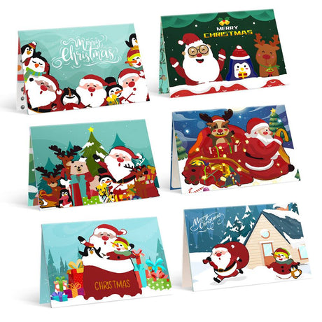 Mint Green Santa and Penguins paint by numbers Christmas cards – Mint and teal landscape cards: Santa in glasses with penguins and reindeer, Santa in a gift sack, a snowy cottage