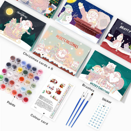 Purple Night Rooftop Santa paint by numbers Christmas cards – Landscape cards of snowy night rooftops: Santa at a chimney waving to a snowman, snowman pals and a moonlit sleigh