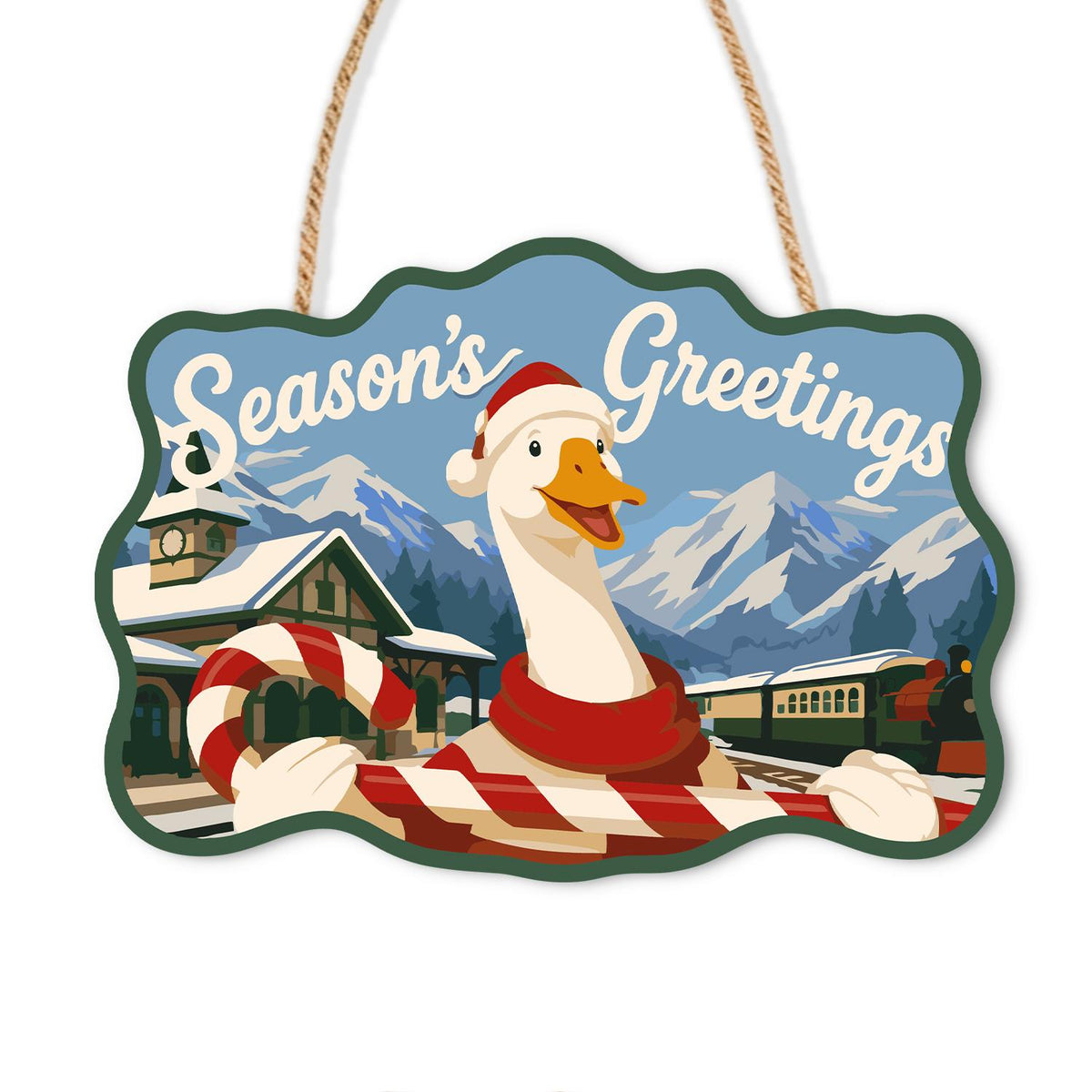 Candy Cane Goose at the Station paint by numbers hanging sign – White goose in a Santa hat and striped scarf with a candy cane at a mountain train station, Season's Greetings, on a wooden sign with a rope hanger