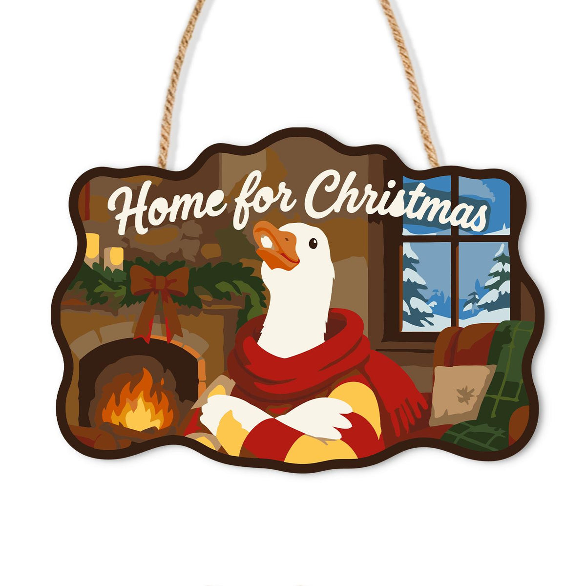 Fireside Goose in Red Scarf paint by numbers hanging sign – White goose in a Santa hat and red scarf by a fireplace with a wreath and snowy window, Home for Christmas, on a wooden sign with a rope hanger