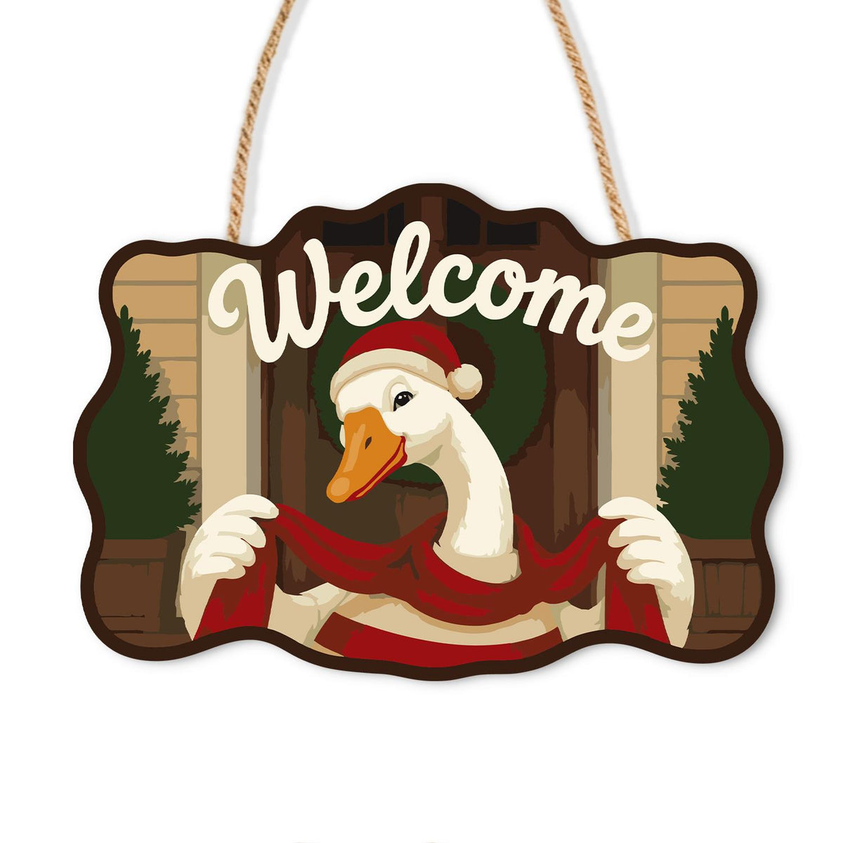 Peekaboo Goose with Wreath paint by numbers hanging sign – White goose in a Santa hat and red scarf peeking around a frame with a wreath and pines, Welcome lettering, on a wooden sign with a rope hanger