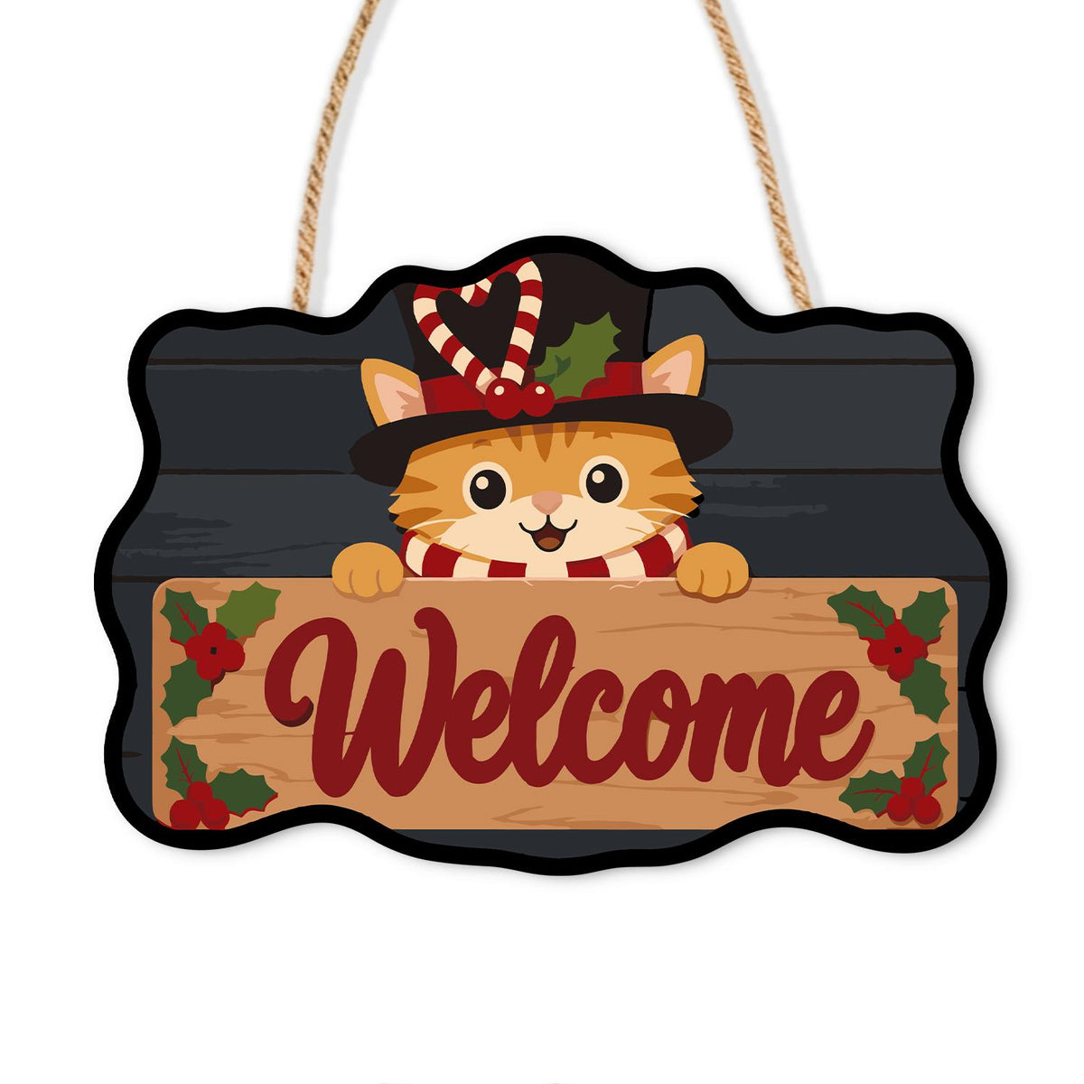 Top-Hatted Ginger Cat paint by numbers hanging sign – Orange cat in a black top hat with a candy cane band peeking over a Welcome board with holly, on a wooden sign with a rope hanger