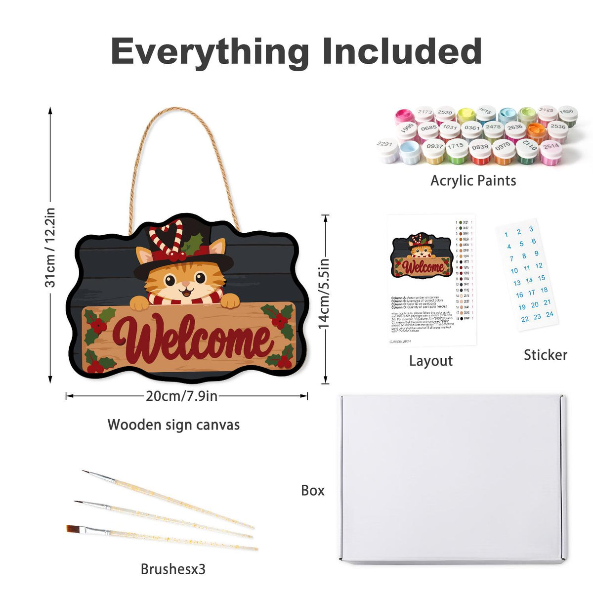 Top-Hatted Ginger Cat paint by numbers hanging sign – what's in the kit: the wooden sign, rope hanger, numbered paints and brushes