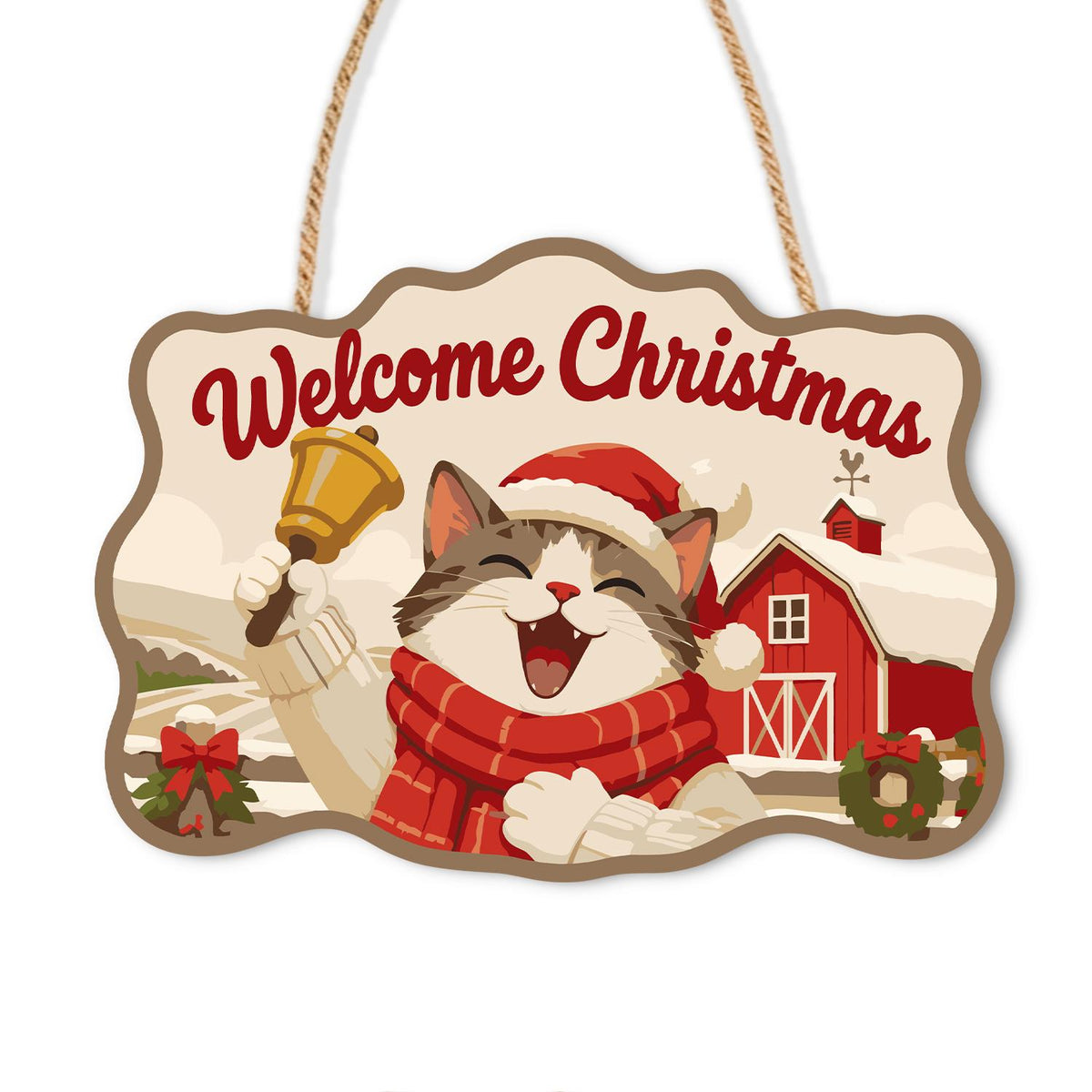 Bell-Ringing Cat by Red Barn paint by numbers hanging sign – Laughing cat in a Santa hat and red scarf ringing a gold bell by a red barn and wreath, Welcome Christmas, on a wooden sign with a rope hanger